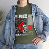 Heart Flower Graphic Unisex Heavy Cotton Tee Comfortable Streetwear T Shirt Bold Red and Black Floral Heart Design Symbol of Love Strength and Vitality Perfect Gift for Friends Birthdays and Casual Everyday Wear