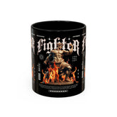 Fighter Accent Coffee Mug 11oz 15oz Black Ceramic Cup with Greek Warrior Statue and Flames Design for Hustlers and Motivated Minds