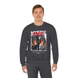 Mystic Mask Flames Graphic Unisex Heavy Blend Crewneck Sweatshirt Hustler Streetwear Motivational Dark Mystery Bold Fire Design