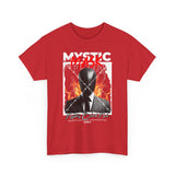 Mystic Mask Flames Graphic Unisex Heavy Cotton Tee Hustler Streetwear Motivational Dark Mystery Bold Design