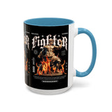 Fighter Accent Coffee Mug 11oz 15oz Black Ceramic Cup with Greek Warrior Statue and Flames Design for Hustlers and Motivated Minds