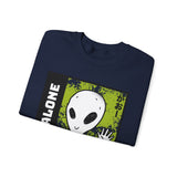 Not Alone Alien Unisex Crewneck Sweatshirt UFO Cartoon Graphic Pullover Extraterrestrial Sci Fi Space Themed Conspiracy Inspired Paranormal Streetwear