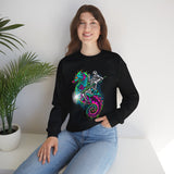 Seahorse Knight Neon Warrior Unisex Heavy Blend Crewneck Sweatshirt Vibrant Cyberpunk Fantasy Streetwear Pullover Futuristic Oceanic Armor Design For Gamers Creators Dreamers And Art Lovers