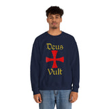 Unisex Deus Vult Crewneck Sweatshirt Medieval Crusader Cross Heavy Blend Fleece Pullover Warrior Knight Inspired Vintage Christian Symbol Streetwear