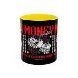 Money Ambition Accent Coffee Mug 11oz 15oz Black Ceramic Cup with Bold Red Typography and Cash Stack Design for Entrepreneurs and Hustlers