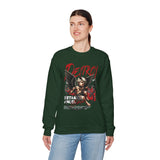 Unisex Heavy Blend Crewneck Sweatshirt Betrayed Angel Destroy Graphic Pullover Black Gothic Streetwear Fire Print Bold Motivational Urban Fashion Outfit