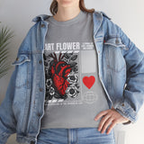 Heart Flower Graphic Unisex Heavy Cotton Tee Comfortable Streetwear T Shirt Bold Red and Black Floral Heart Design Symbol of Love Strength and Vitality Perfect Gift for Friends Birthdays and Casual Everyday Wear