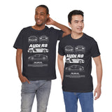 White Mid Engine Sports Coupe Blueprint Artwork Unisex Heavy Cotton Tee High Performance Inspired Streetwear Graphic Shirt For Car Enthusiasts And Automotive Art Fans