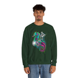 Seahorse Knight Neon Warrior Unisex Heavy Blend Crewneck Sweatshirt Vibrant Cyberpunk Fantasy Streetwear Pullover Futuristic Oceanic Armor Design For Gamers Creators Dreamers And Art Lovers