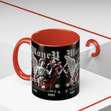 Money Bright Accent Coffee Mug 11oz 15oz Black Ceramic Gothic Angel Statue Design with Red Neon Artwork for Hustlers and Bold Thinkers