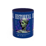 Historical Accent Coffee Mug 11oz 15oz Black Ceramic Cup with Greek Goddess Statue and Purple Floral Design for Art and History Lovers