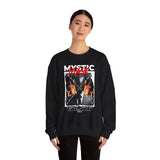 Mystic Mask Flames Graphic Unisex Heavy Blend Crewneck Sweatshirt Hustler Streetwear Motivational Dark Mystery Bold Fire Design