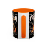 Fighter Accent Coffee Mug 11oz 15oz Black Ceramic Cup with Greek Warrior Statue and Flames Design for Hustlers and Motivated Minds