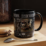Fearless Devotion Accent Coffee Mug 11oz 15oz Black Ceramic Cup with Warrior on Horse Artwork for Courage Loyalty and Strength Lovers