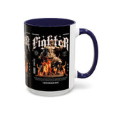 Fighter Accent Coffee Mug 11oz 15oz Black Ceramic Cup with Greek Warrior Statue and Flames Design for Hustlers and Motivated Minds