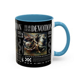 Fearless Devotion Accent Coffee Mug 11oz 15oz Black Ceramic Cup with Warrior on Horse Artwork for Courage Loyalty and Strength Lovers