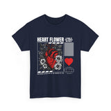 Heart Flower Graphic Unisex Heavy Cotton Tee Comfortable Streetwear T Shirt Bold Red and Black Floral Heart Design Symbol of Love Strength and Vitality Perfect Gift for Friends Birthdays and Casual Everyday Wear