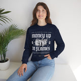 Money Up In Flames Unisex Heavy Blend Crewneck Sweatshirt Graphic Pullover Black Hustler Fire Money Design Bold Streetwear Entrepreneur Alpha Mindset Wealth Fashion