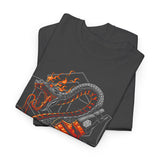 Inferno Spirit Fiery Dragon Whiskey Bottle Unisex Heavy Cotton Tee Bold Biker Streetwear Artistic Snake Flame Design Symbol of Power Energy and Rebellion Graphic Shirt