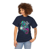 Seahorse Knight Neon Warrior Unisex Heavy Cotton Tee Futuristic Cyberpunk Fantasy Streetwear T Shirt Vibrant Medieval Armor Design Perfect For Gamers Dreamers And Art Lovers