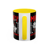 Money Ambition Accent Coffee Mug 11oz 15oz Black Ceramic Cup with Bold Red Typography and Cash Stack Design for Entrepreneurs and Hustlers