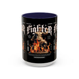 Fighter Accent Coffee Mug 11oz 15oz Black Ceramic Cup with Greek Warrior Statue and Flames Design for Hustlers and Motivated Minds