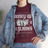 Money Up In Flames Unisex Heavy Cotton Tee Graphic T Shirt Black Streetwear Bold Money Graphic Fire Design Hustler Entrepreneur Alpha Mindset Wealth Fashion