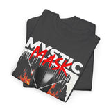 Mystic Mask Flames Graphic Unisex Heavy Cotton Tee Hustler Streetwear Motivational Dark Mystery Bold Design