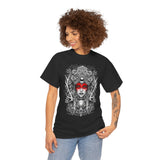 Mystic Warrior Goddess Unisex Heavy Cotton Tee Bold Monochrome Tribal Design Powerful Feminine Energy Streetwear Graphic T-Shirt for Art Lovers Festivals and Everyday Wear