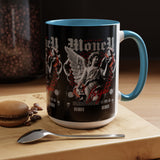 Money Bright Accent Coffee Mug 11oz 15oz Black Ceramic Gothic Angel Statue Design with Red Neon Artwork for Hustlers and Bold Thinkers