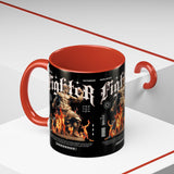 Fighter Accent Coffee Mug 11oz 15oz Black Ceramic Cup with Greek Warrior Statue and Flames Design for Hustlers and Motivated Minds