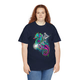 Seahorse Knight Neon Warrior Unisex Heavy Cotton Tee Futuristic Cyberpunk Fantasy Streetwear T Shirt Vibrant Medieval Armor Design Perfect For Gamers Dreamers And Art Lovers