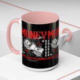 Money Ambition Accent Coffee Mug 11oz 15oz Black Ceramic Cup with Bold Red Typography and Cash Stack Design for Entrepreneurs and Hustlers