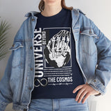Universe Beyond The Cosmos Unisex Heavy Cotton Tee Graphic Black T Shirt Skeleton Hand Space Infinity Streetwear Futuristic Sci Fi Artistic Fashion Outfit
