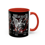 Money Bright Angel Accent Coffee Mug 11oz 15oz Gothic Statue Black Ceramic Cup with Red Flames and Cash Design for Hustlers