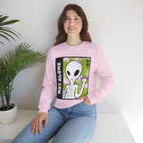 Unisex Not Alone Alien Crewneck Sweatshirt UFO Cartoon Graphic Pullover Extraterrestrial Sci Fi Space Themed Conspiracy Inspired Paranormal Streetwear