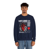 Heart Flower Graphic Unisex Heavy Blend Crewneck Sweatshirt Comfortable Streetwear Pullover Bold Red and Black Floral Heart Design Symbol of Love Strength and Vitality Perfect Gift for Friends Birthdays Cozy Days and Everyday Wear