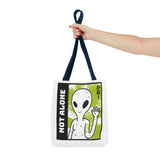 Not Alone Alien Tote Bag Sci Fi Extraterrestrial UFO Design Canvas Bag Space Lover Reusable Eco Friendly Durable Shopping Travel Lifestyle Tote