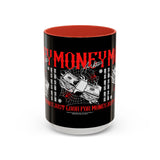Money Ambition Accent Coffee Mug 11oz 15oz Black Ceramic Cup with Bold Red Typography and Cash Stack Design for Entrepreneurs and Hustlers