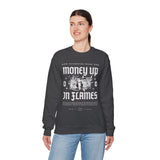 Money Up In Flames Unisex Heavy Blend Crewneck Sweatshirt Graphic Pullover Black Hustler Fire Money Design Bold Streetwear Entrepreneur Alpha Mindset Wealth Fashion