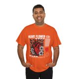 Heart Flower Graphic Unisex Heavy Cotton Tee Comfortable Streetwear T Shirt Bold Red and Black Floral Heart Design Symbol of Love Strength and Vitality Perfect Gift for Friends Birthdays and Casual Everyday Wear