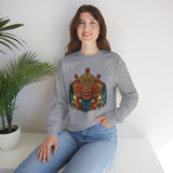 Unisex Mythical Tribal Mask Crewneck Sweatshirt Heavy Blend Pullover Cultural Warrior Spirit Inspired Festival Graphic Art Streetwear Top