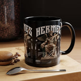 Hermes Accent Coffee Mug 11oz 15oz Black Ceramic Mythology Cup with Greek God Winged Statue Design for History Lovers and Art Enthusiasts
