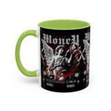 Money Bright Angel Accent Coffee Mug 11oz 15oz Gothic Statue Black Ceramic Cup with Red Flames and Cash Design for Hustlers