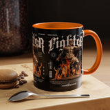 Fighter Accent Coffee Mug 11oz 15oz Black Ceramic Cup with Greek Warrior Statue and Flames Design for Hustlers and Motivated Minds
