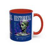 Historical Accent Coffee Mug 11oz 15oz Black Ceramic Cup with Greek Goddess Statue and Purple Floral Design for Art and History Lovers