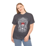 Mystic Warrior Goddess Unisex Heavy Cotton Tee Bold Monochrome Tribal Design Powerful Feminine Energy Streetwear Graphic T-Shirt for Art Lovers Festivals and Everyday Wear
