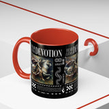 Fearless Devotion Accent Coffee Mug 11oz 15oz Black Ceramic Cup with Warrior on Horse Artwork for Courage Loyalty and Strength Lovers