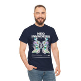 Neo Invaders Futuristic Holographic Graphic Unisex Heavy Cotton Tee Bold Sci Fi Cyberpunk Streetwear Statement T Shirt