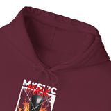 Mystic Mask Flames Graphic Unisex Heavy Blend Hoodie Hustler Streetwear Motivational Dark Mystery Bold Fire Design